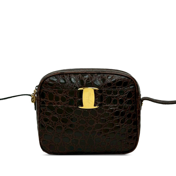 Pre-Loved Ferragamo Croc Embossed Leather Vara Crossbody